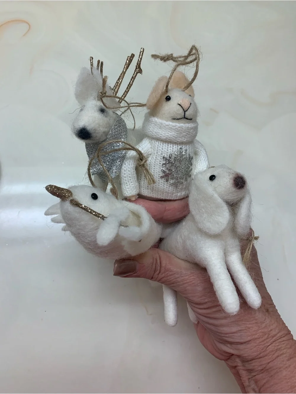 Handmade Wool Felt Small Animal Ornaments - White & Cream